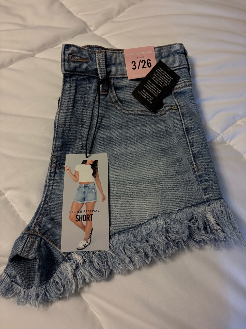 Hi-Rise Festival Frayed Hem Denim Shorts - Light Blue